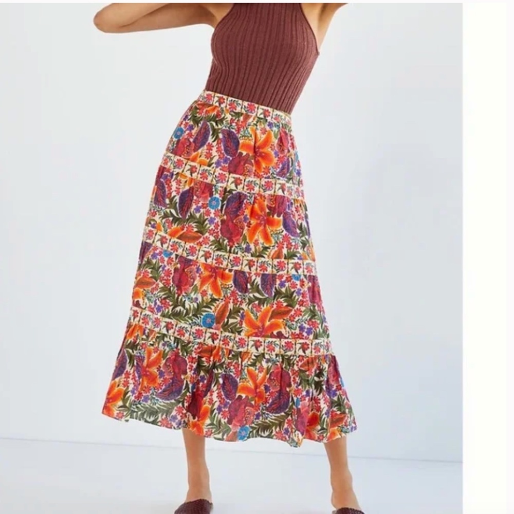Farm Rio Tiered Floral Boho Peasant Maxi Hipster Hippie Art Deco Farm Hip Skirt